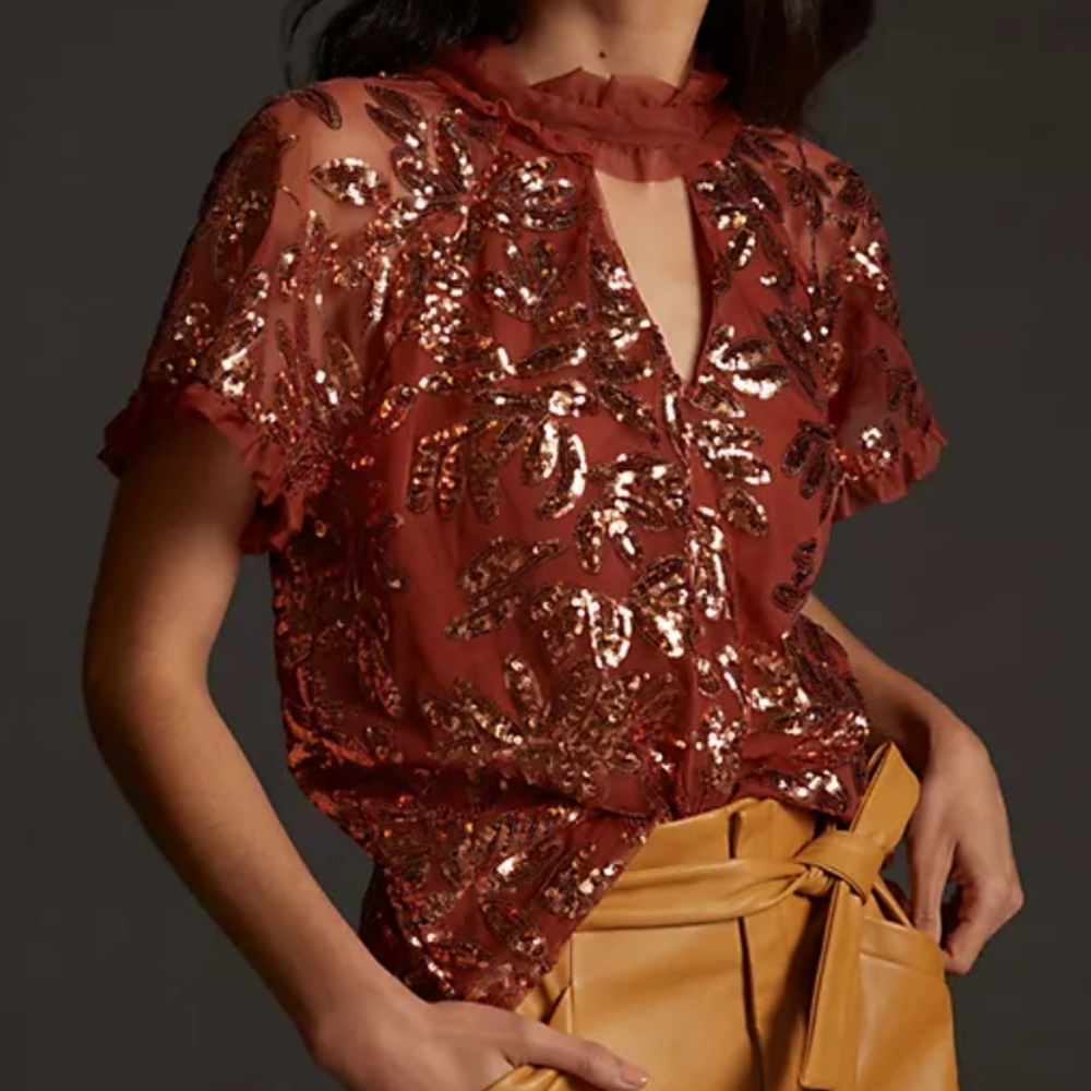 NWT Anthropologie Orange Cutout Sequined Blouse Mesh Bow